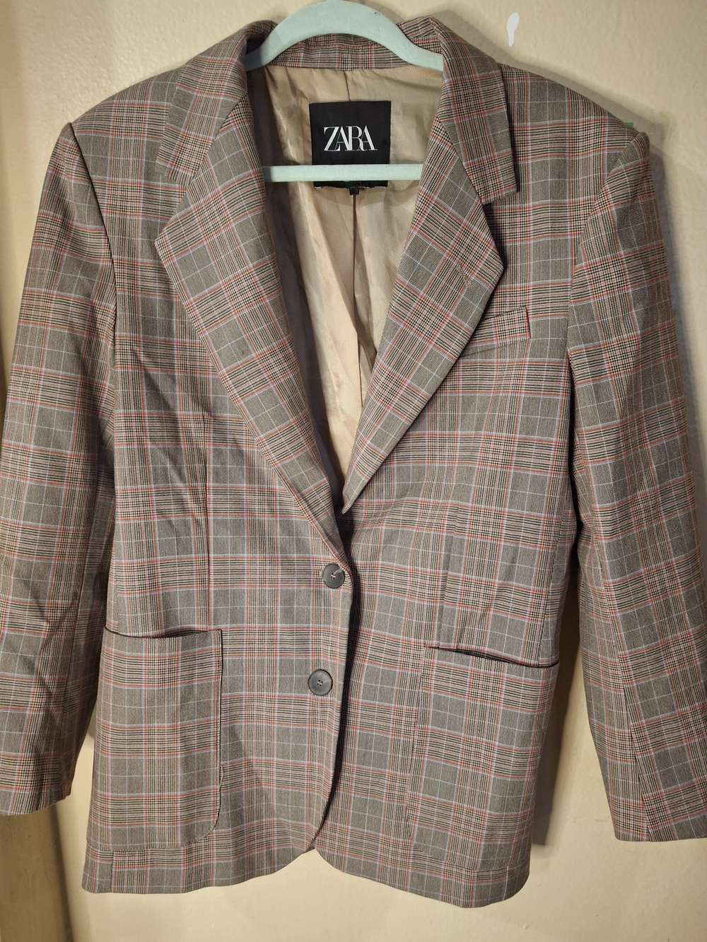 ZARA Women's Plaid Blazer in Brown with Pink Windowpane